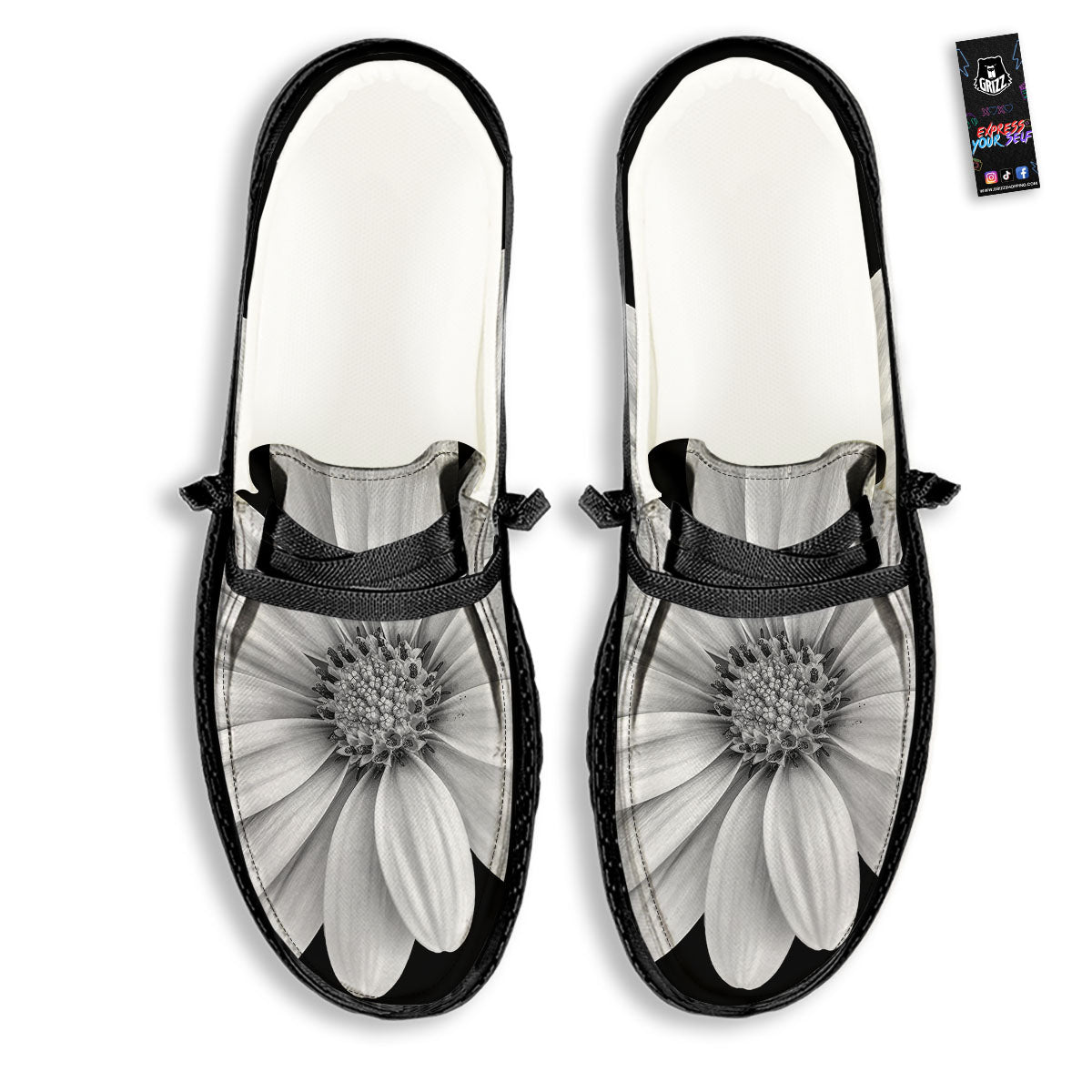 Daisy Flower Monochrome Print Black Loafers-grizzshop