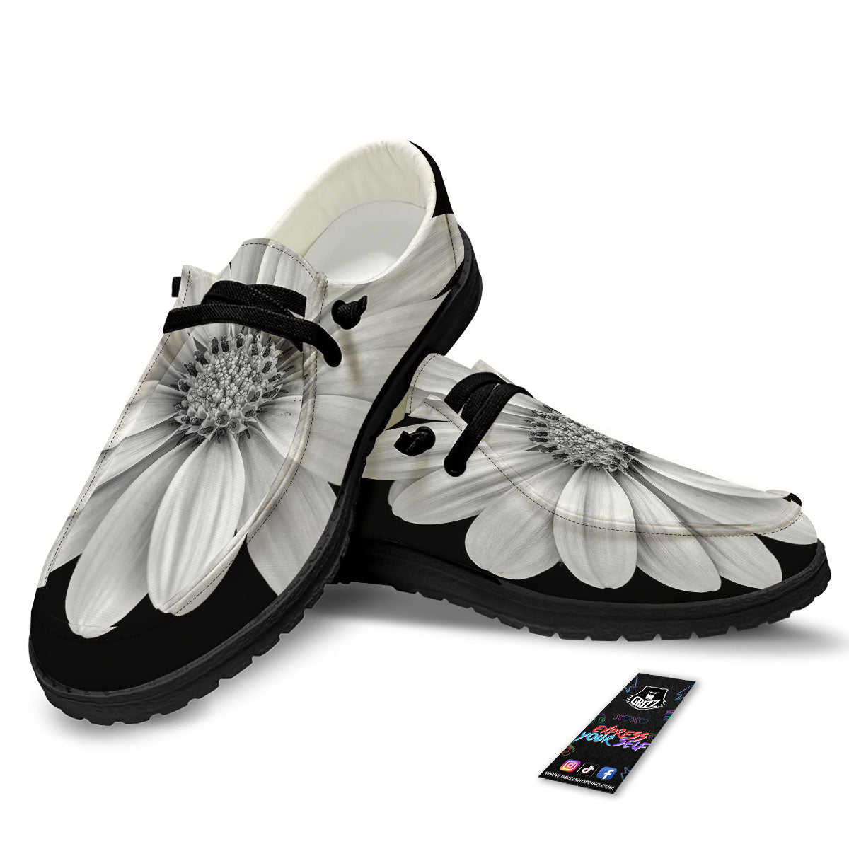 Daisy Flower Monochrome Print Black Loafers-grizzshop