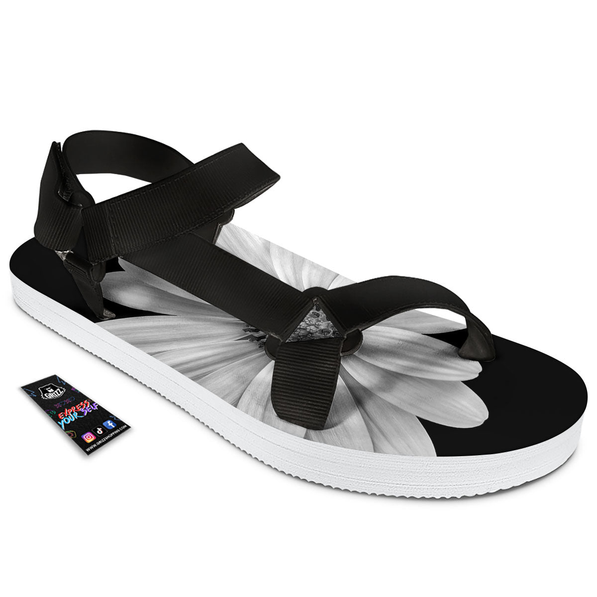 Daisy Flower Monochrome Print Black Open Toe Sandals-grizzshop