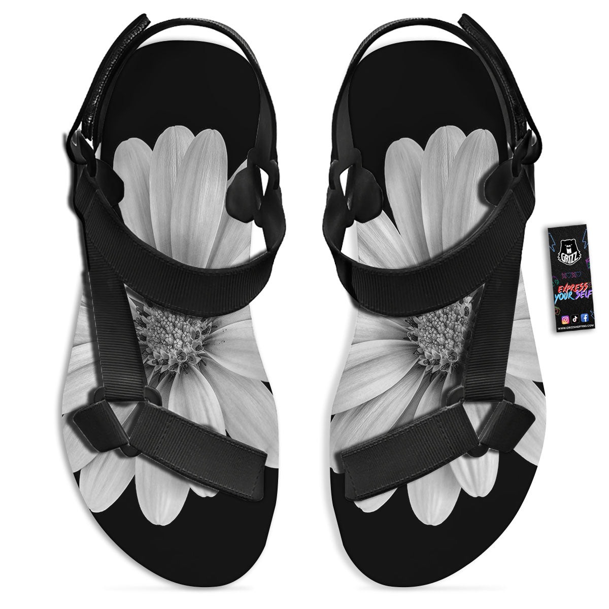 Daisy Flower Monochrome Print Black Open Toe Sandals-grizzshop