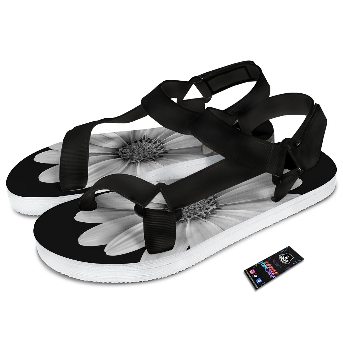 Daisy Flower Monochrome Print Black Open Toe Sandals-grizzshop