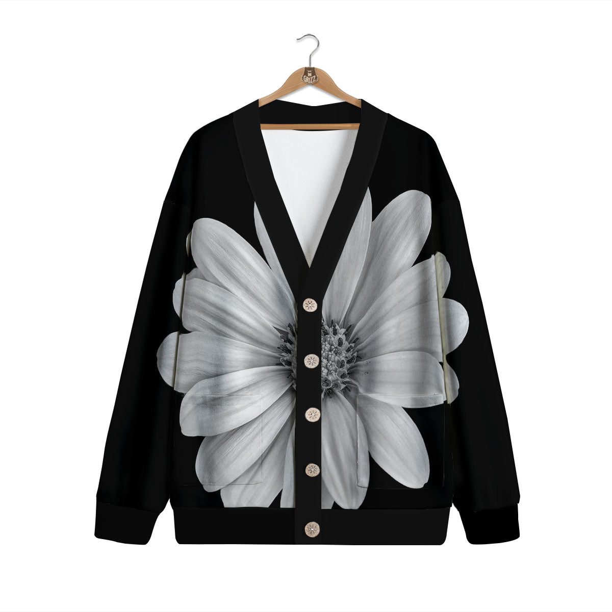 Daisy Flower Monochrome Print Cardigan-grizzshop