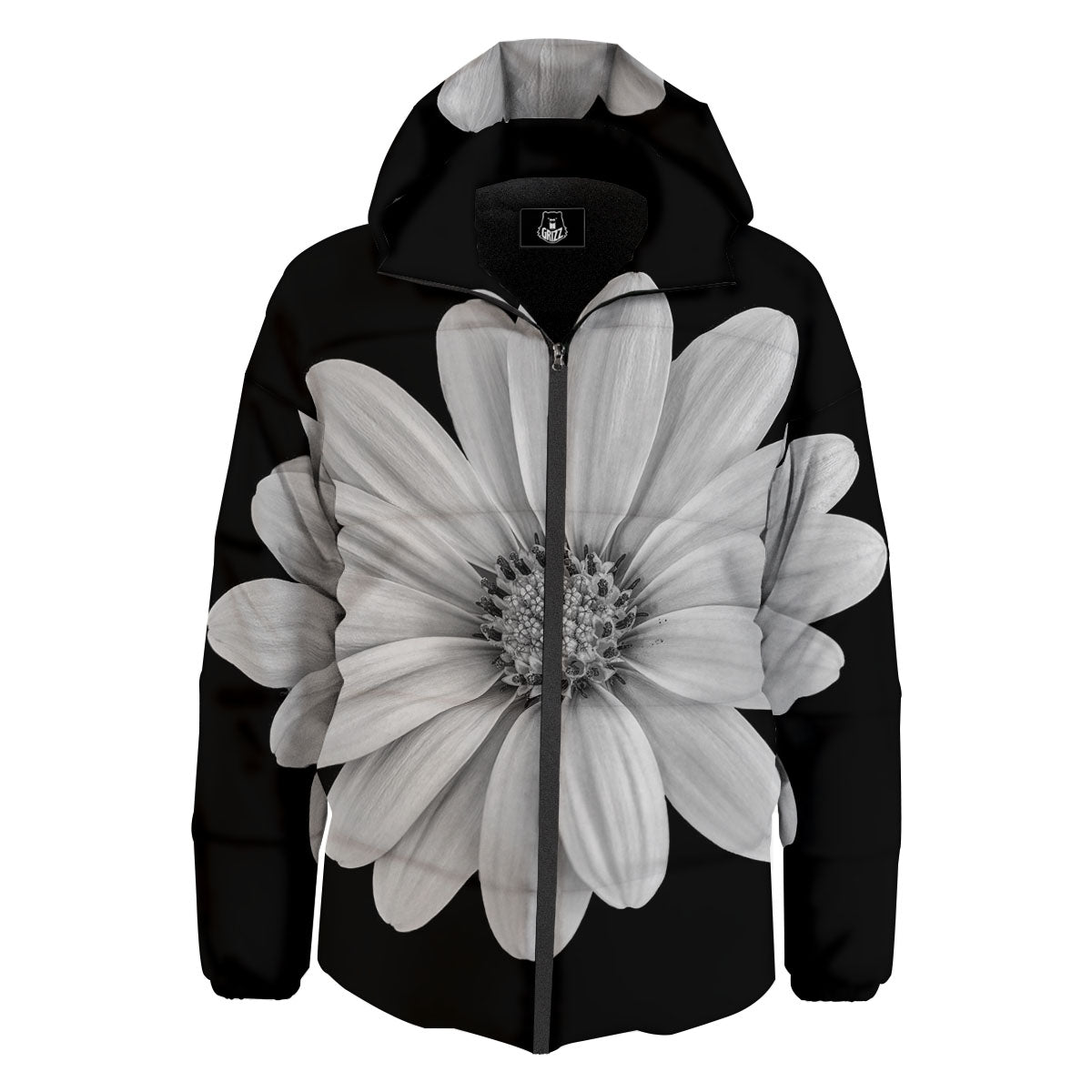 Daisy Flower Monochrome Print Down Jacket-grizzshop