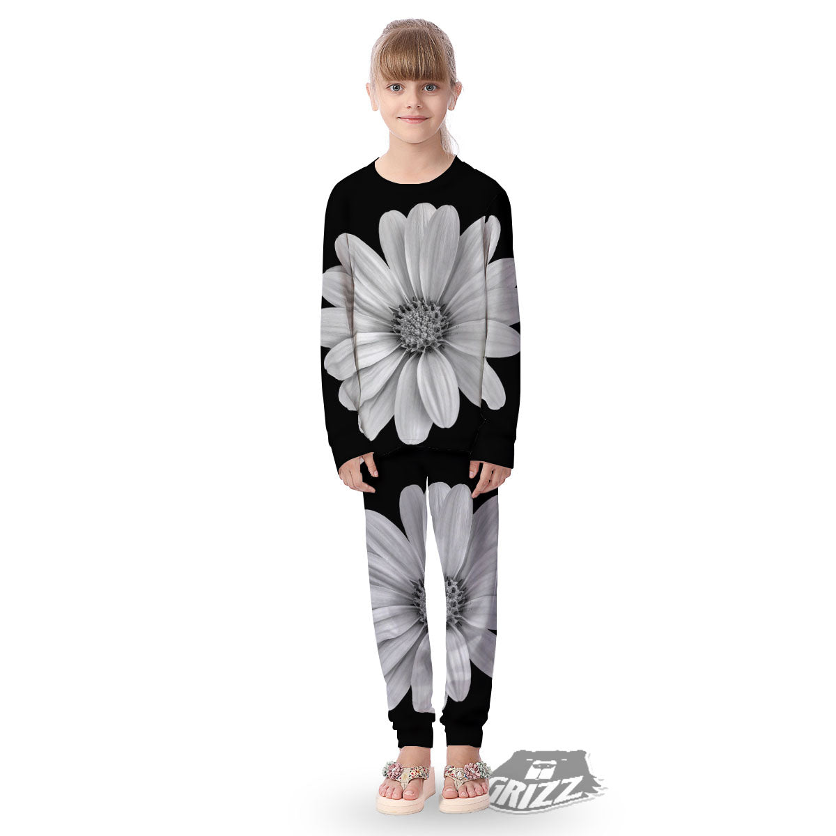 Daisy Flower Monochrome Print Kid's Pajamas-grizzshop