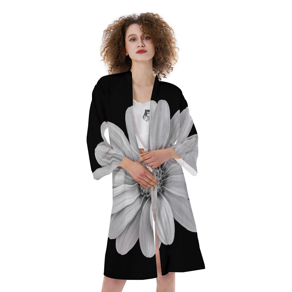 Daisy Flower Monochrome Print Kimono-grizzshop