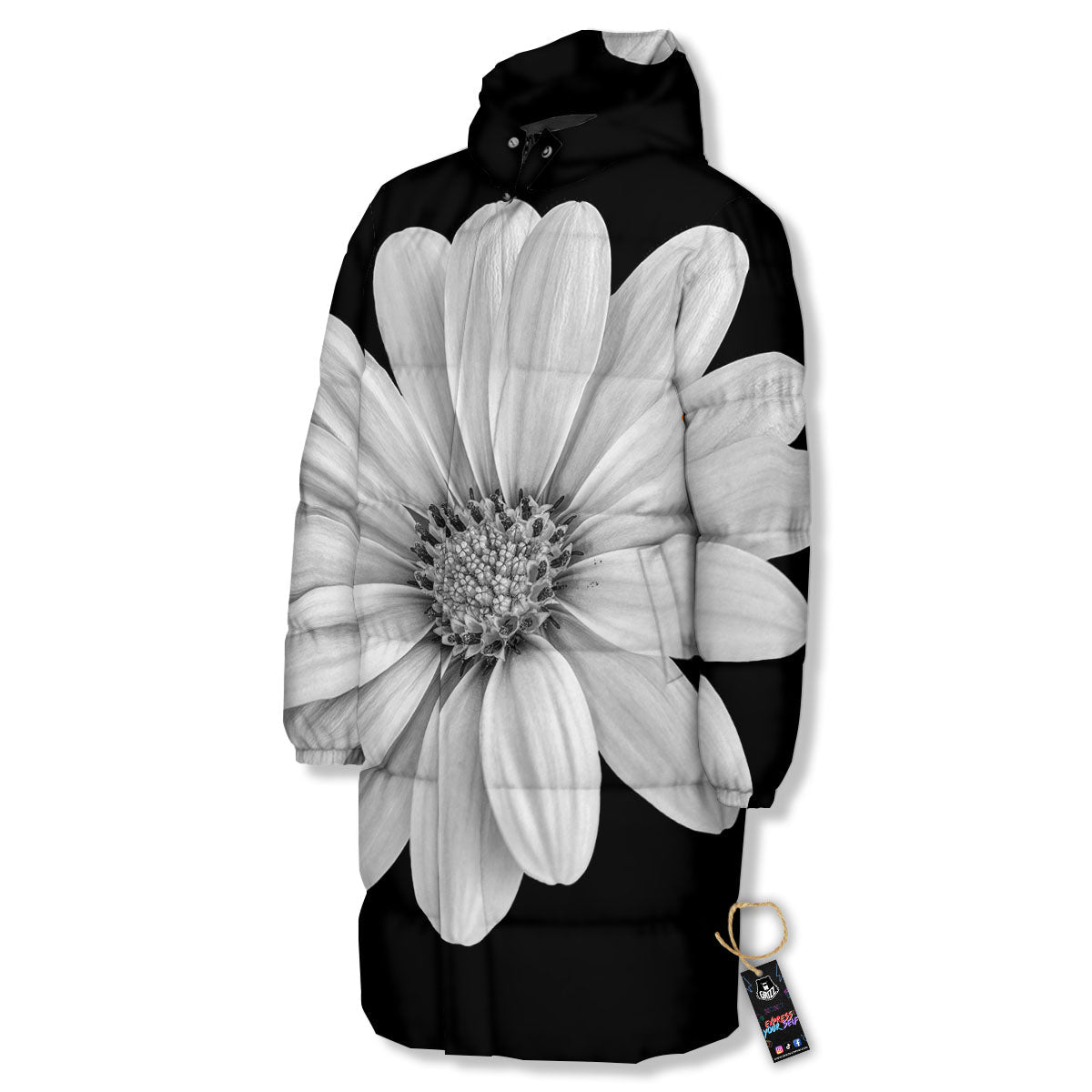 Daisy Flower Monochrome Print Long Down Jacket-grizzshop