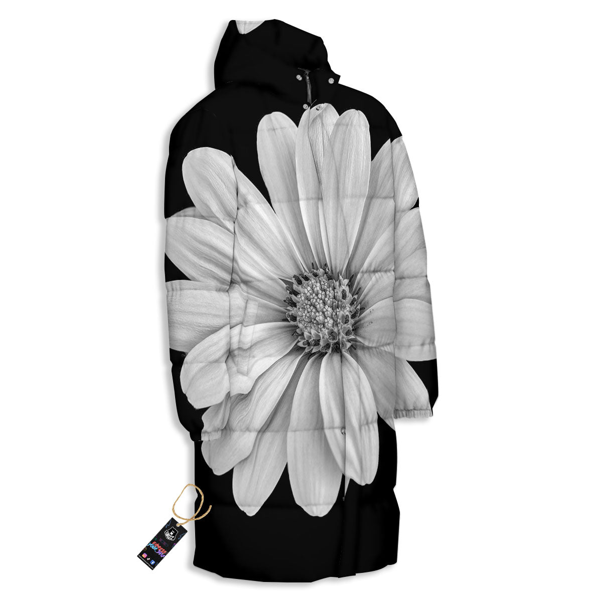 Daisy Flower Monochrome Print Long Down Jacket-grizzshop