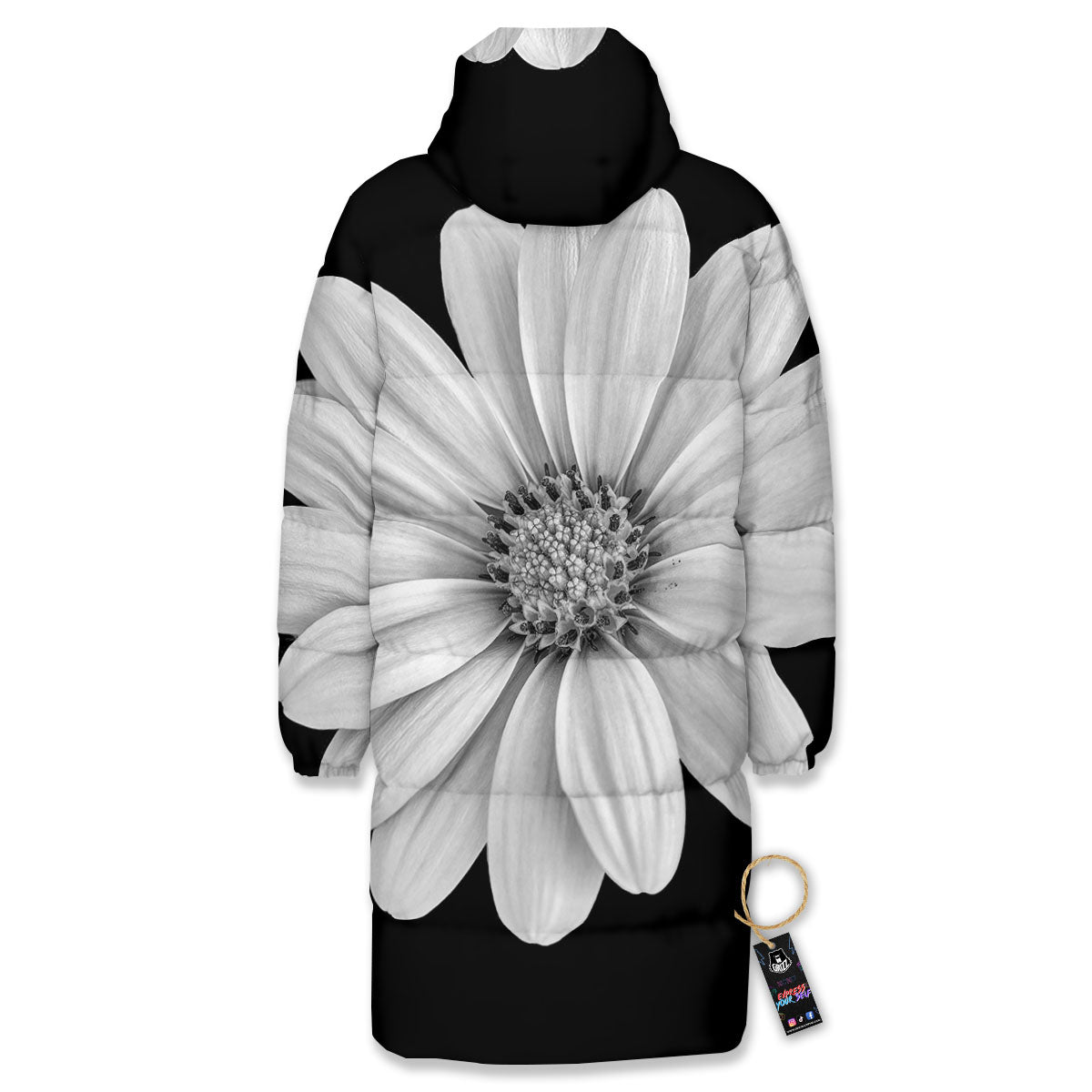 Daisy Flower Monochrome Print Long Down Jacket-grizzshop
