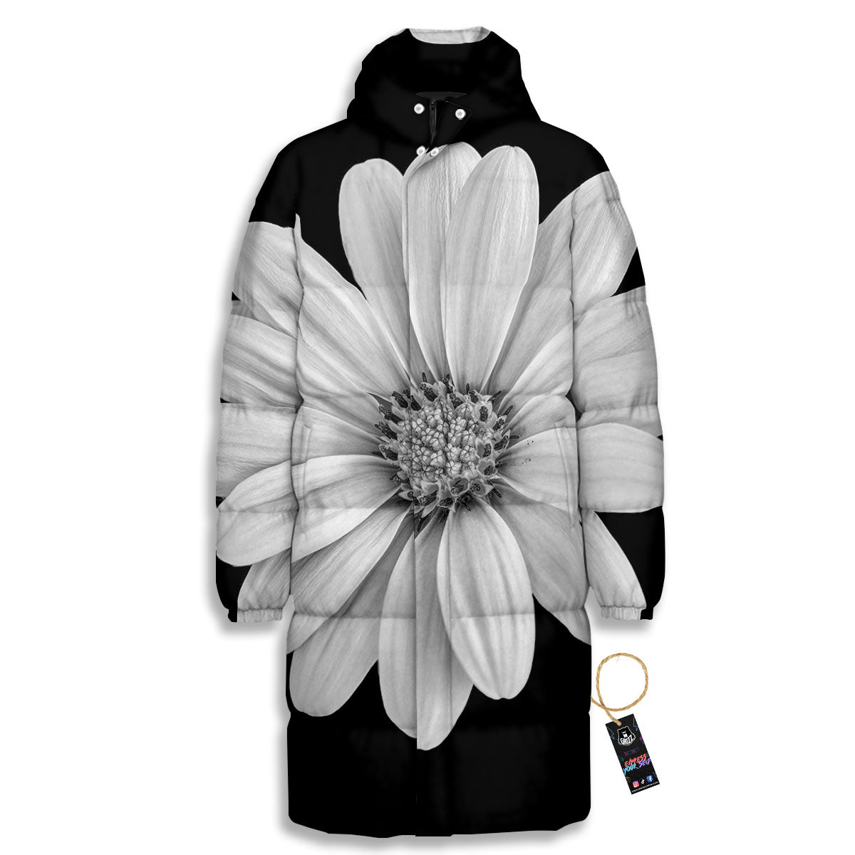 Daisy Flower Monochrome Print Long Down Jacket-grizzshop