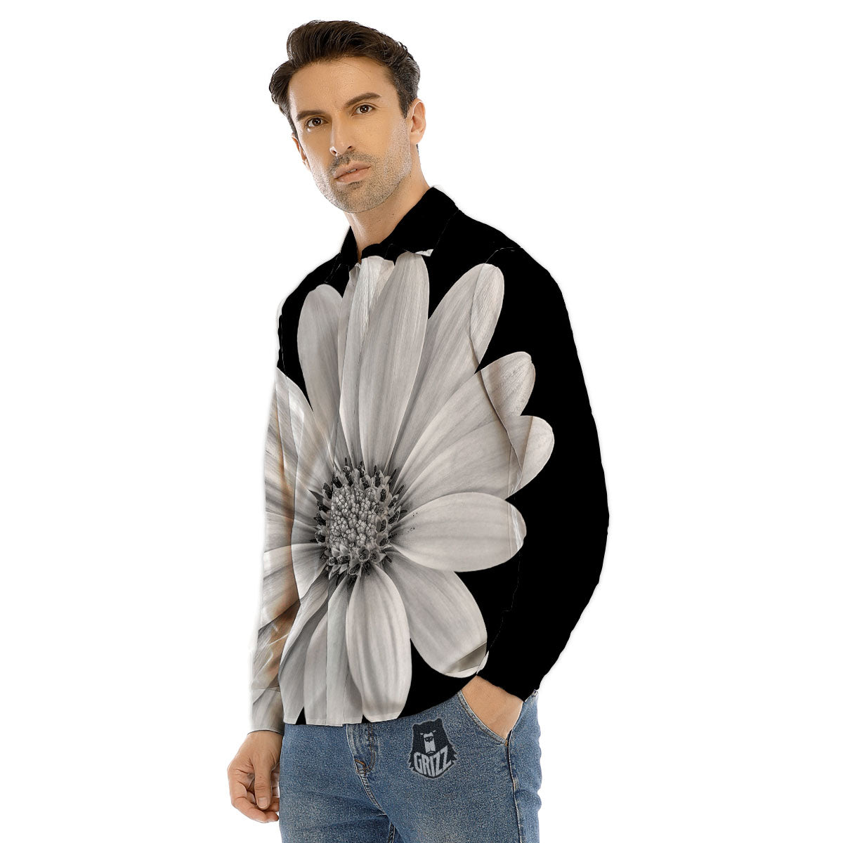 Daisy Flower Monochrome Print Men's Dress Shirts-grizzshop