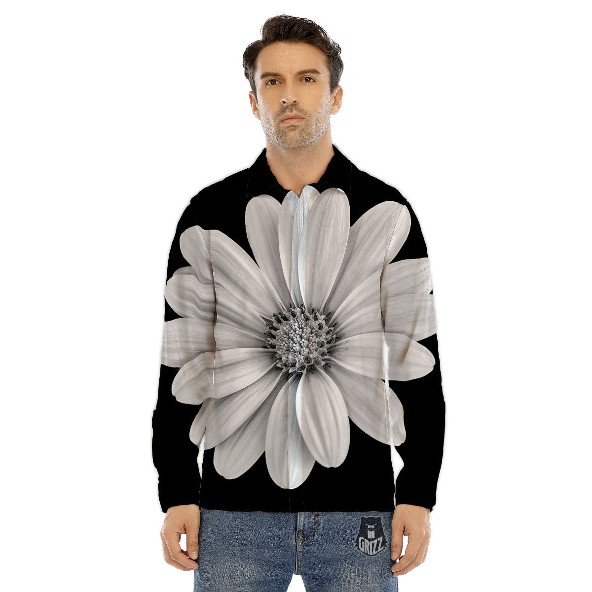 Daisy Flower Monochrome Print Men's Dress Shirts-grizzshop