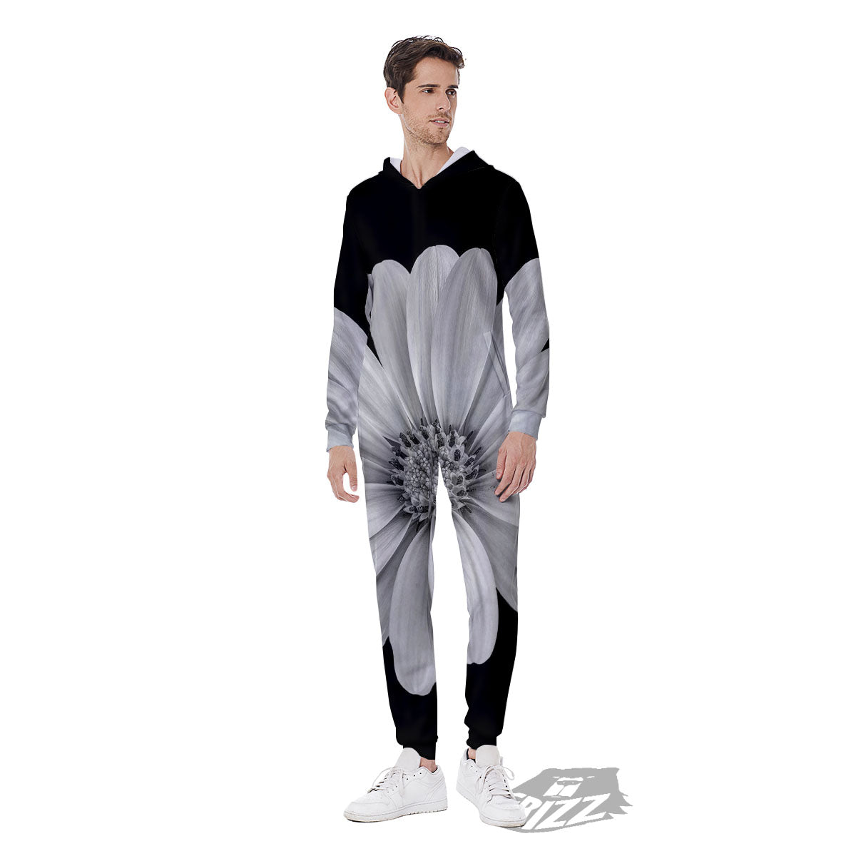 Daisy Flower Monochrome Print Men's Jumpsuit-grizzshop