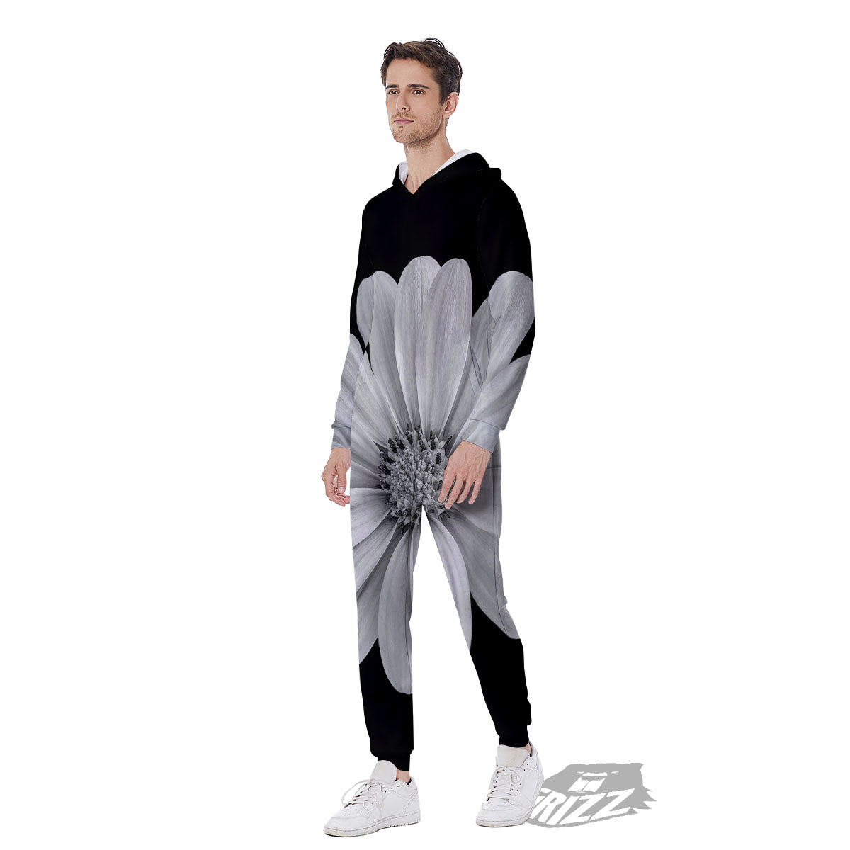 Daisy Flower Monochrome Print Men's Jumpsuit-grizzshop