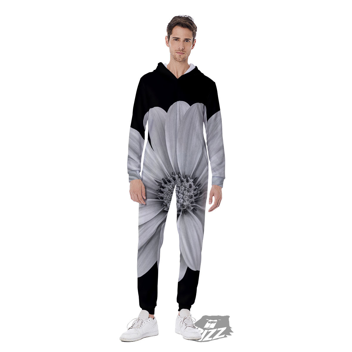 Daisy Flower Monochrome Print Men's Jumpsuit-grizzshop