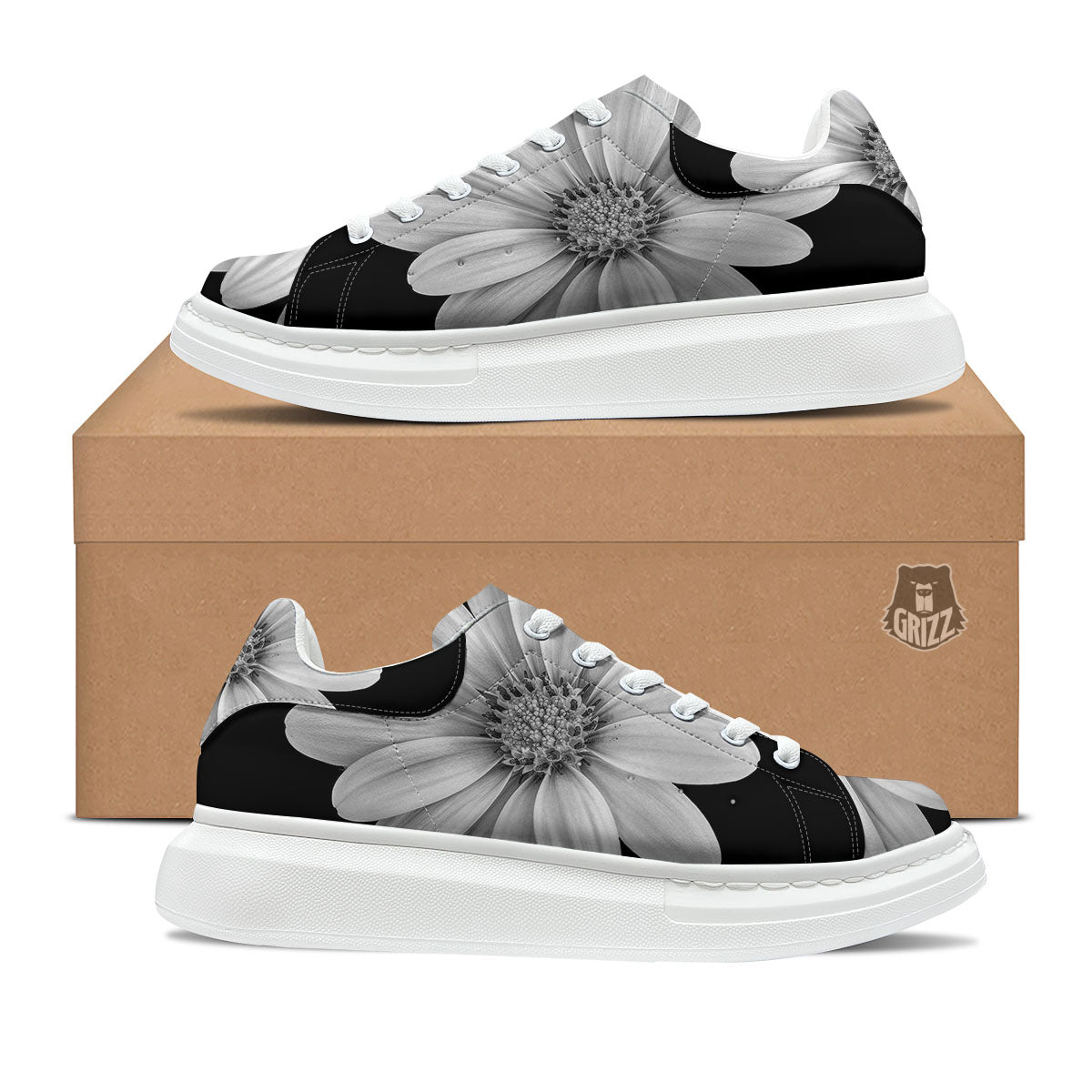 Daisy Flower Monochrome Print Platform Shoes-grizzshop