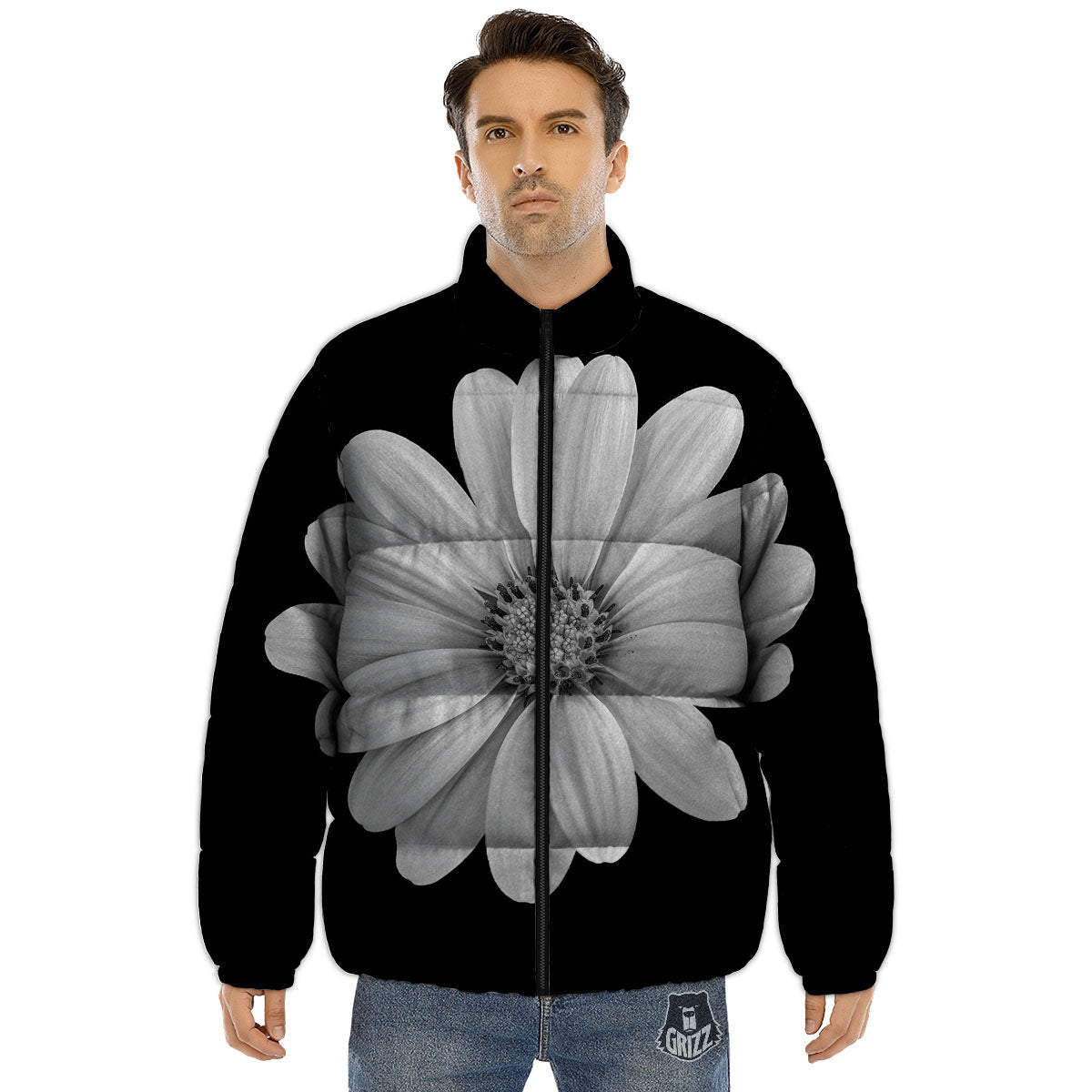 Daisy Flower Monochrome Print Puffer Jacket-grizzshop