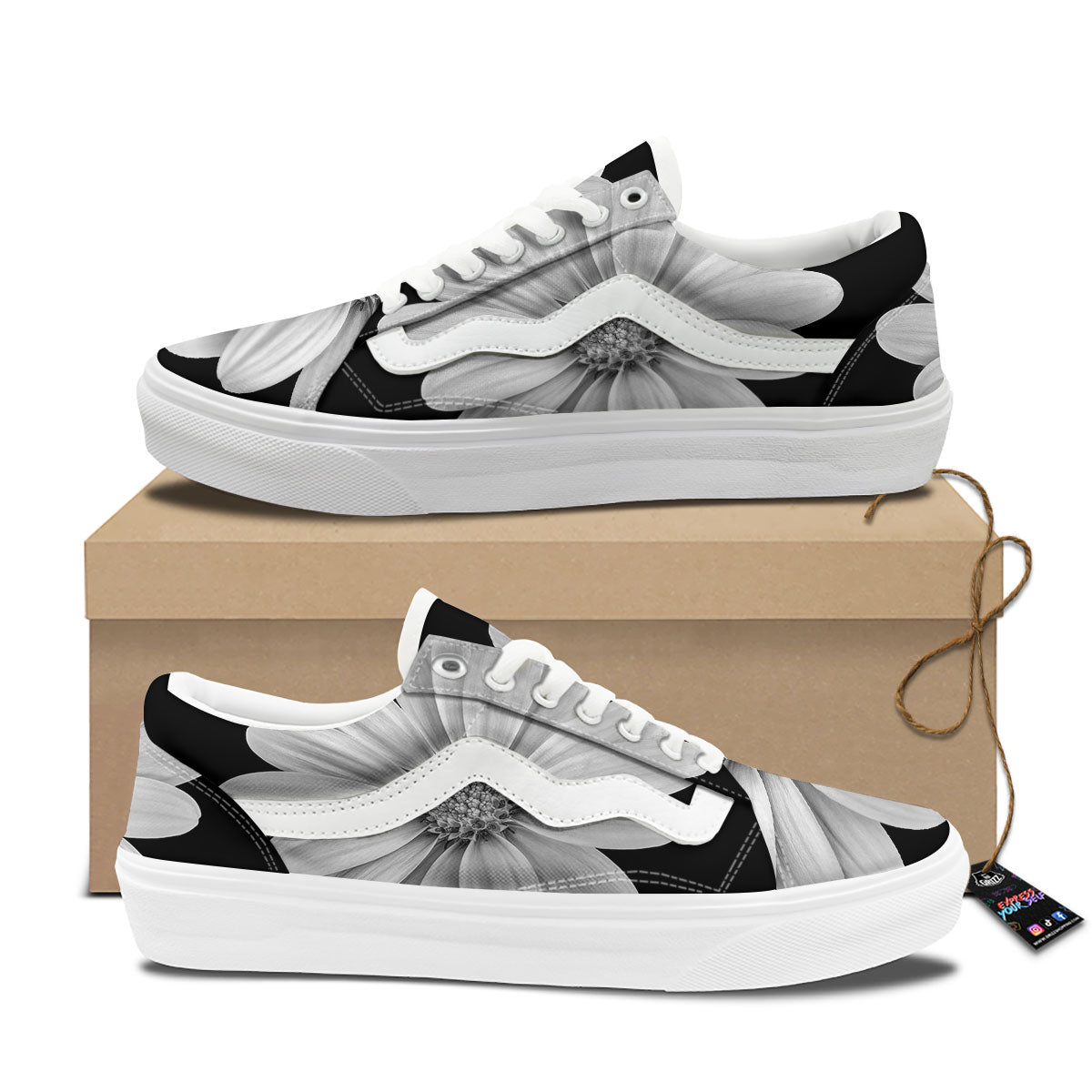 Daisy Flower Monochrome Print Skate Shoes-grizzshop