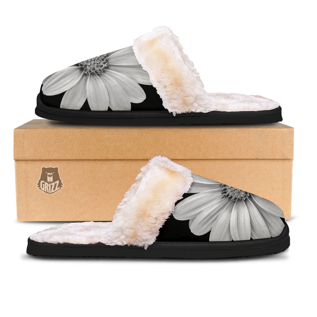 Daisy Flower Monochrome Print Slippers-grizzshop