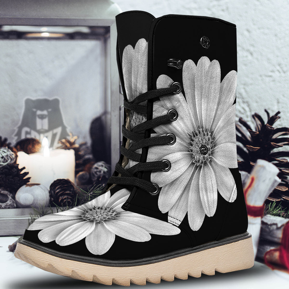 Daisy Flower Monochrome Print Snow Boots-grizzshop