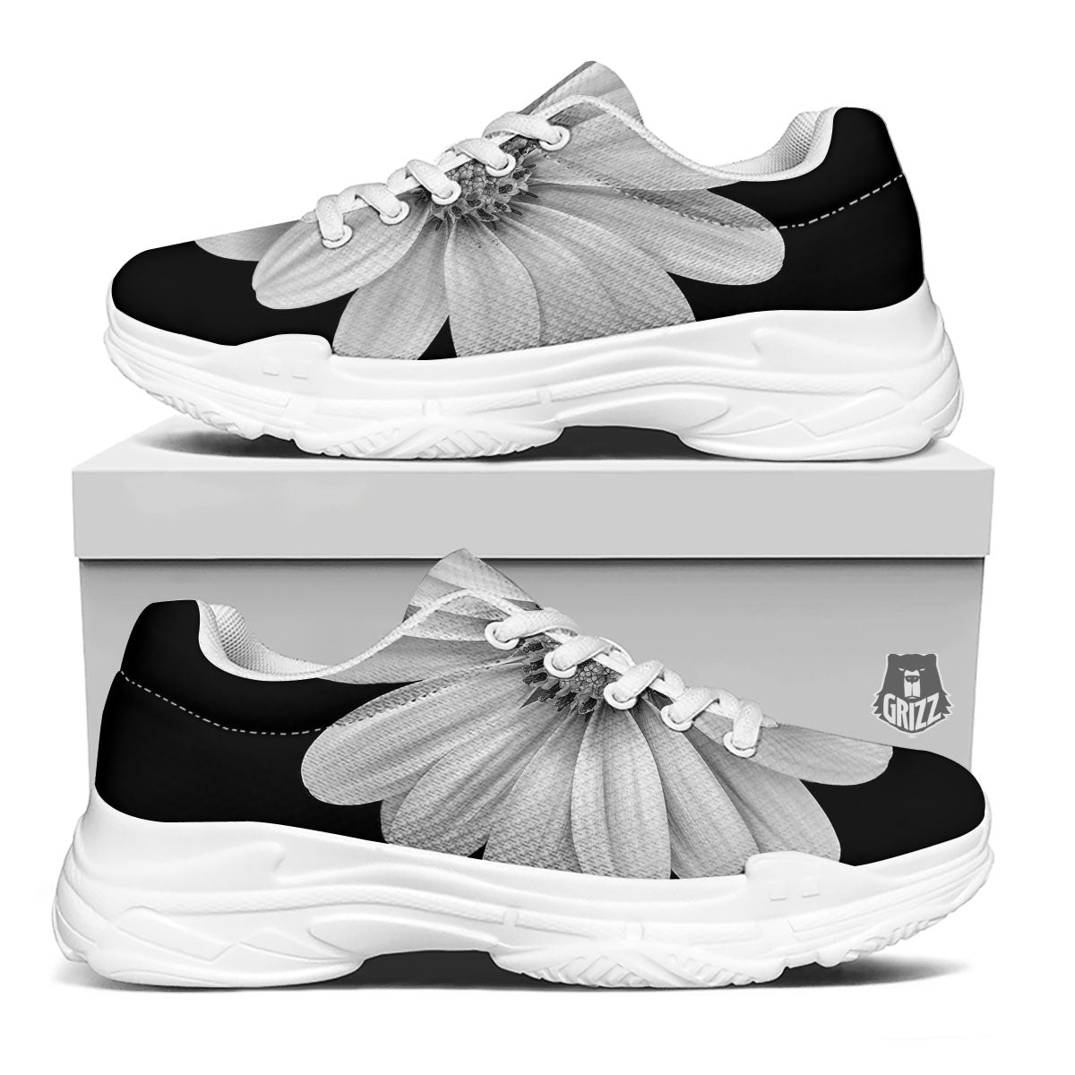 Daisy Flower Monochrome Print White Chunky Shoes-grizzshop