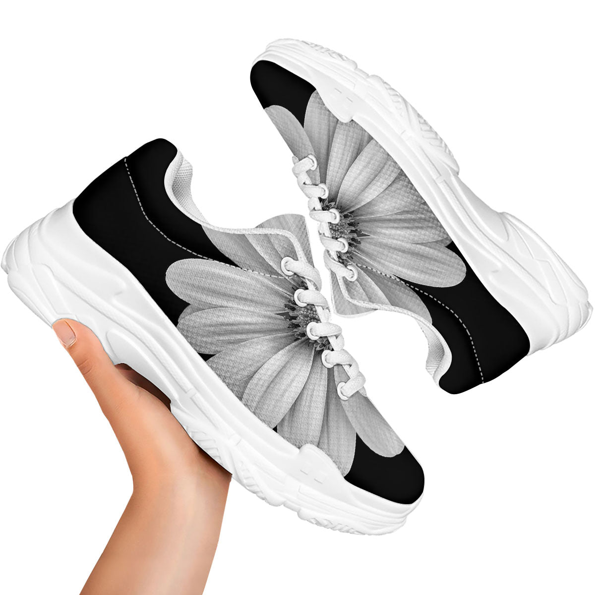 Daisy Flower Monochrome Print White Chunky Shoes-grizzshop