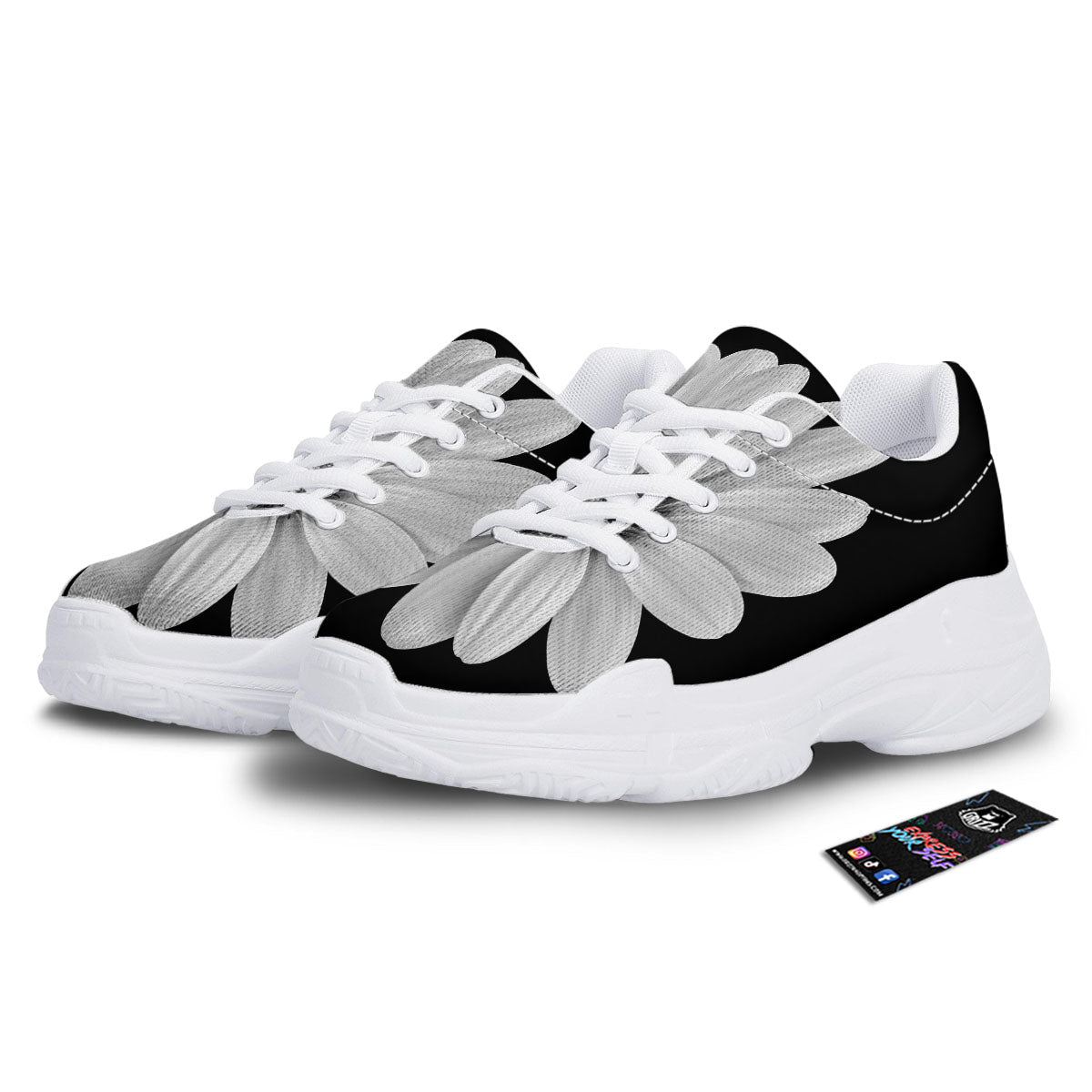 Daisy Flower Monochrome Print White Chunky Shoes-grizzshop