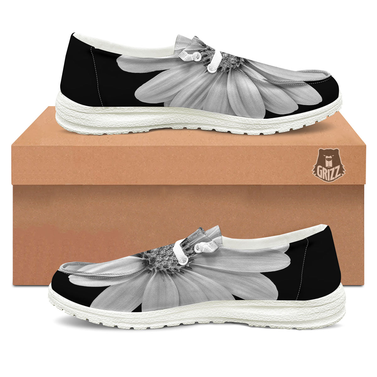 Daisy Flower Monochrome Print White Loafers-grizzshop
