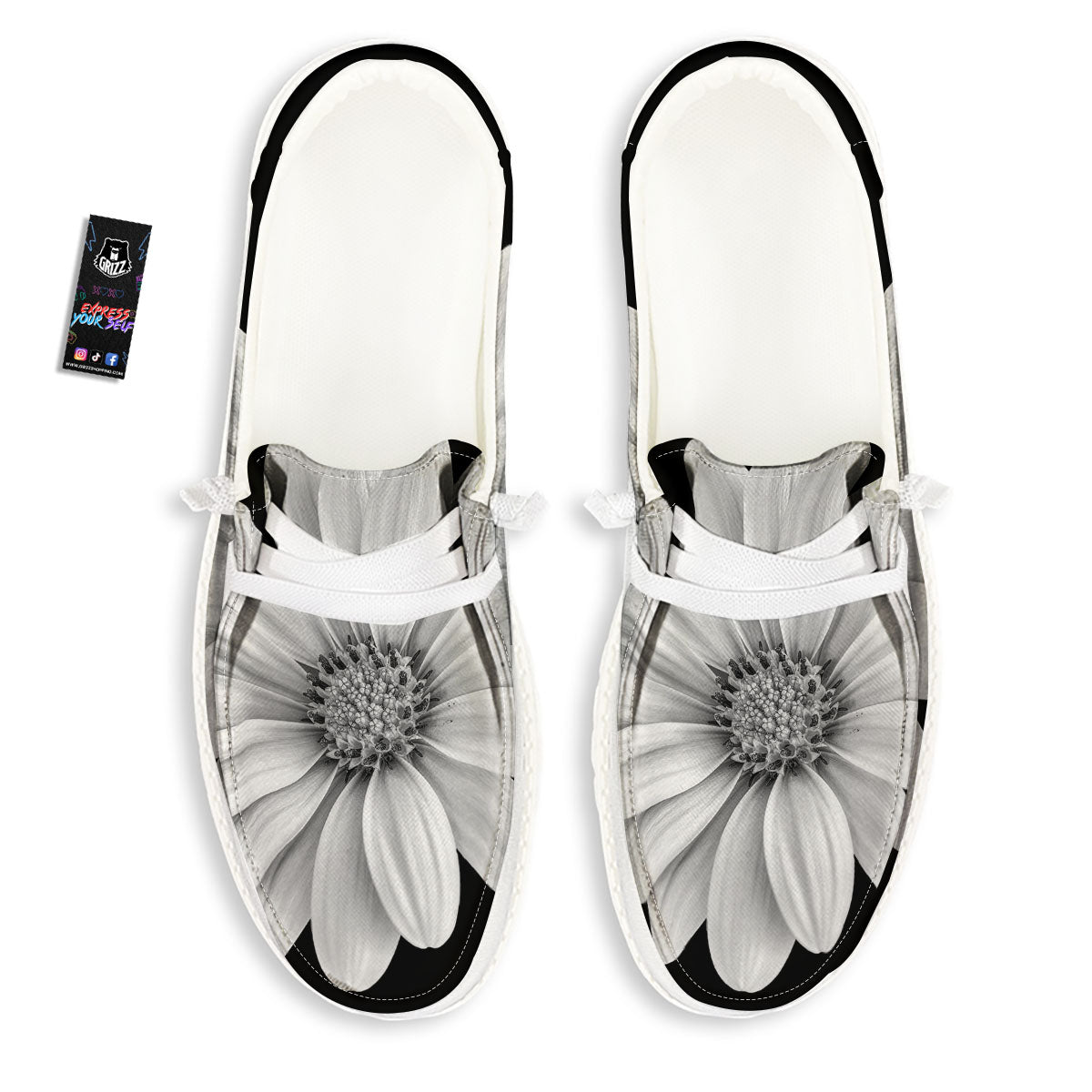 Daisy Flower Monochrome Print White Loafers-grizzshop