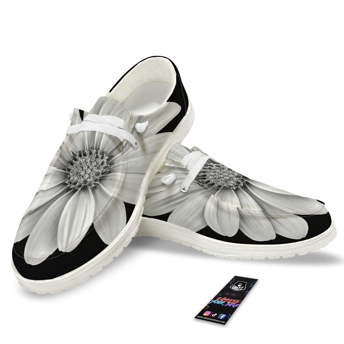 Daisy Flower Monochrome Print White Loafers-grizzshop