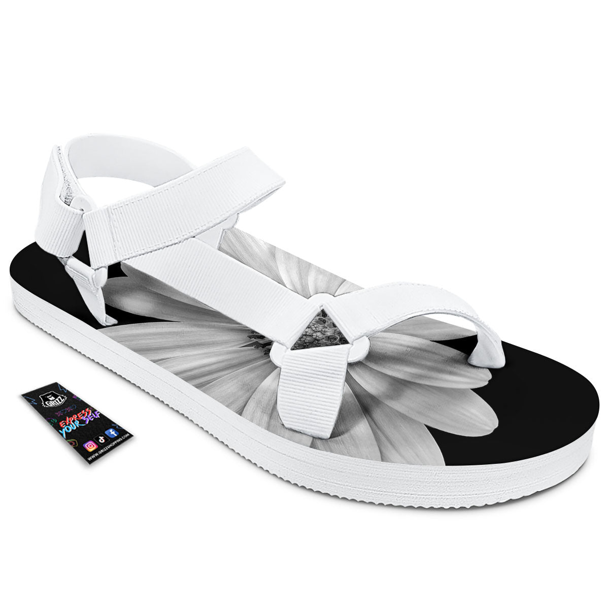 Daisy Flower Monochrome Print White Open Toe Sandals-grizzshop