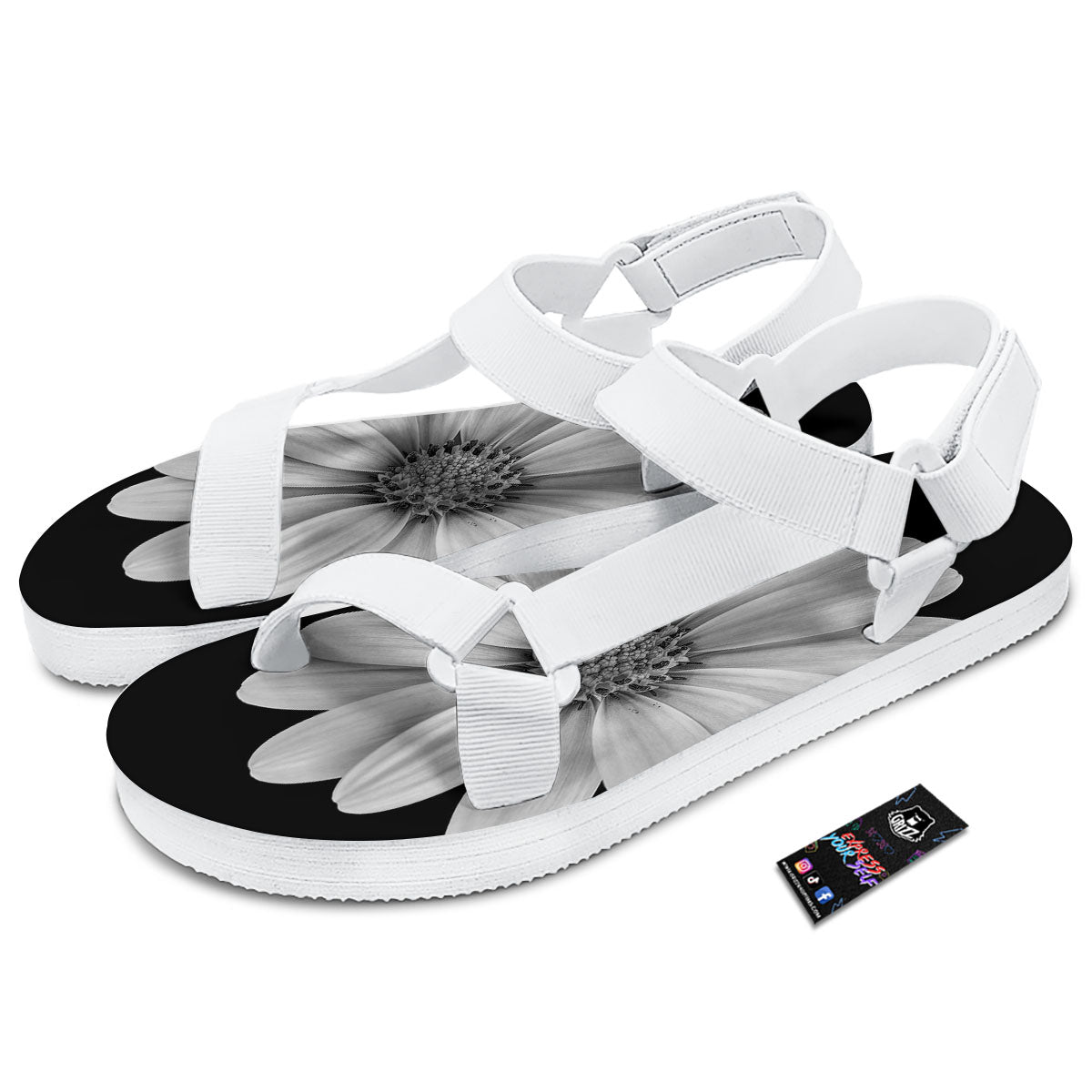 Daisy Flower Monochrome Print White Open Toe Sandals-grizzshop