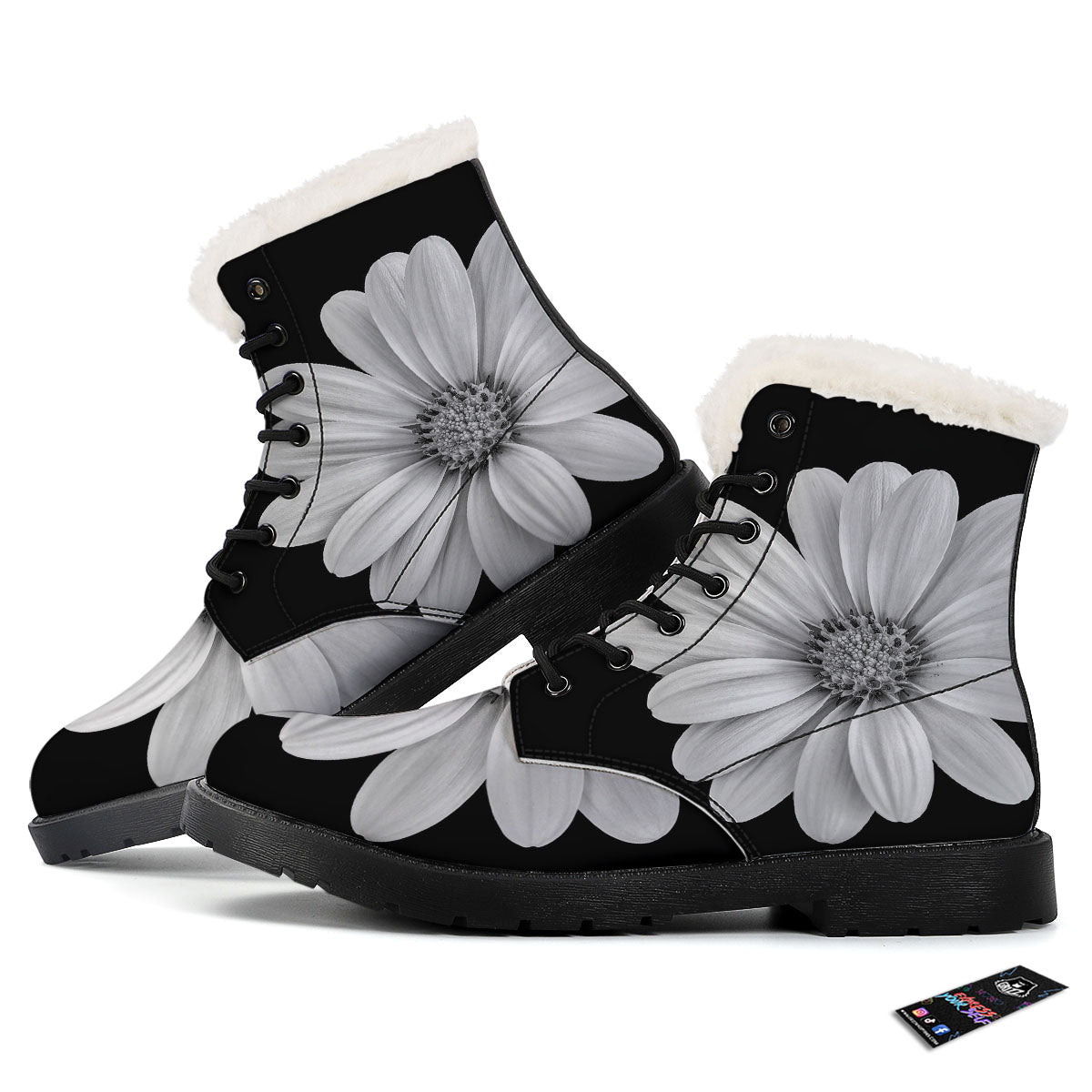 Daisy Flower Monochrome Print Winter Boots-grizzshop
