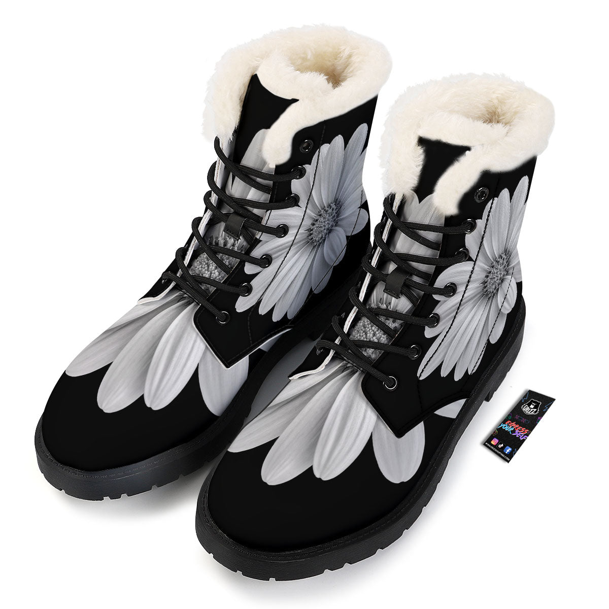 Daisy Flower Monochrome Print Winter Boots-grizzshop