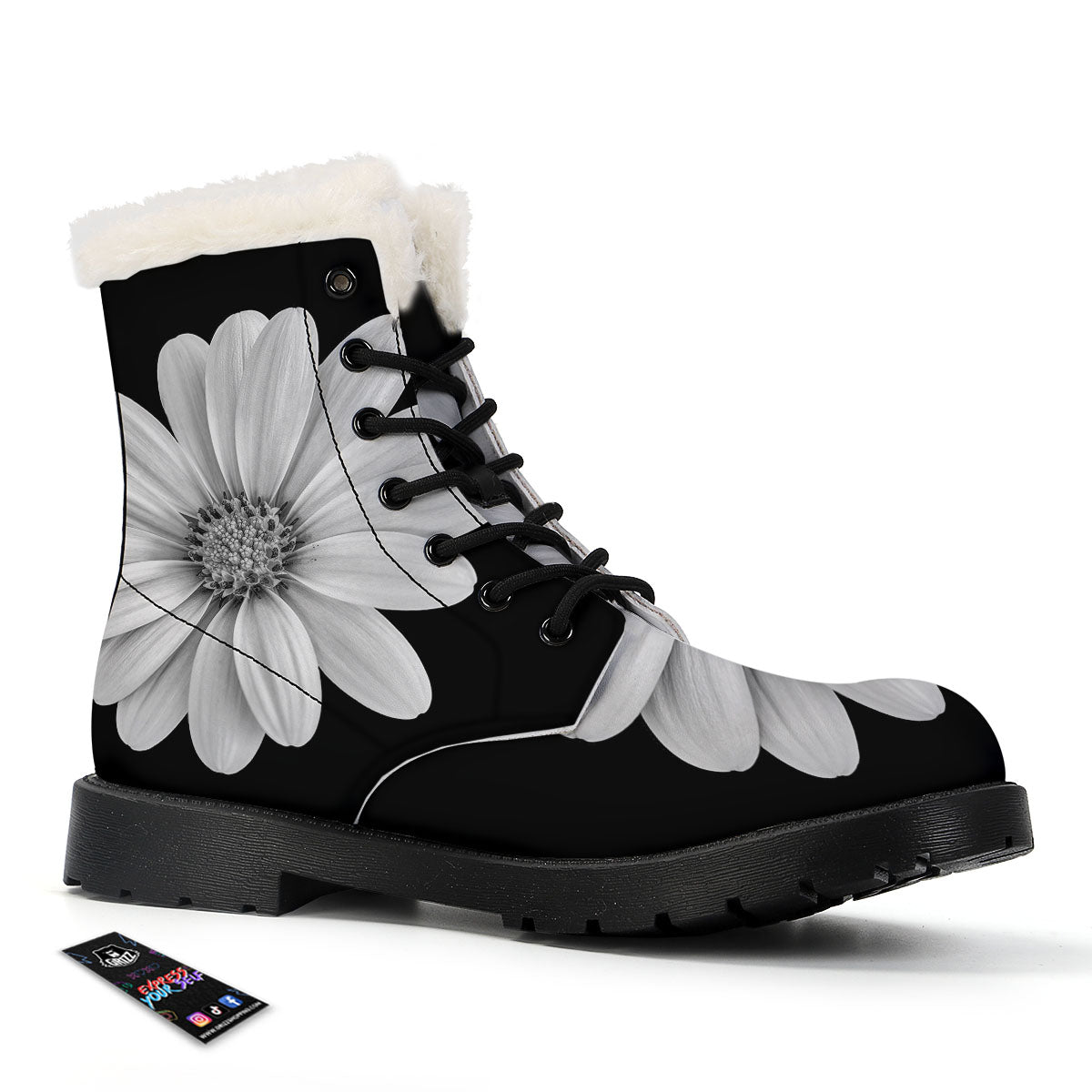 Daisy Flower Monochrome Print Winter Boots-grizzshop