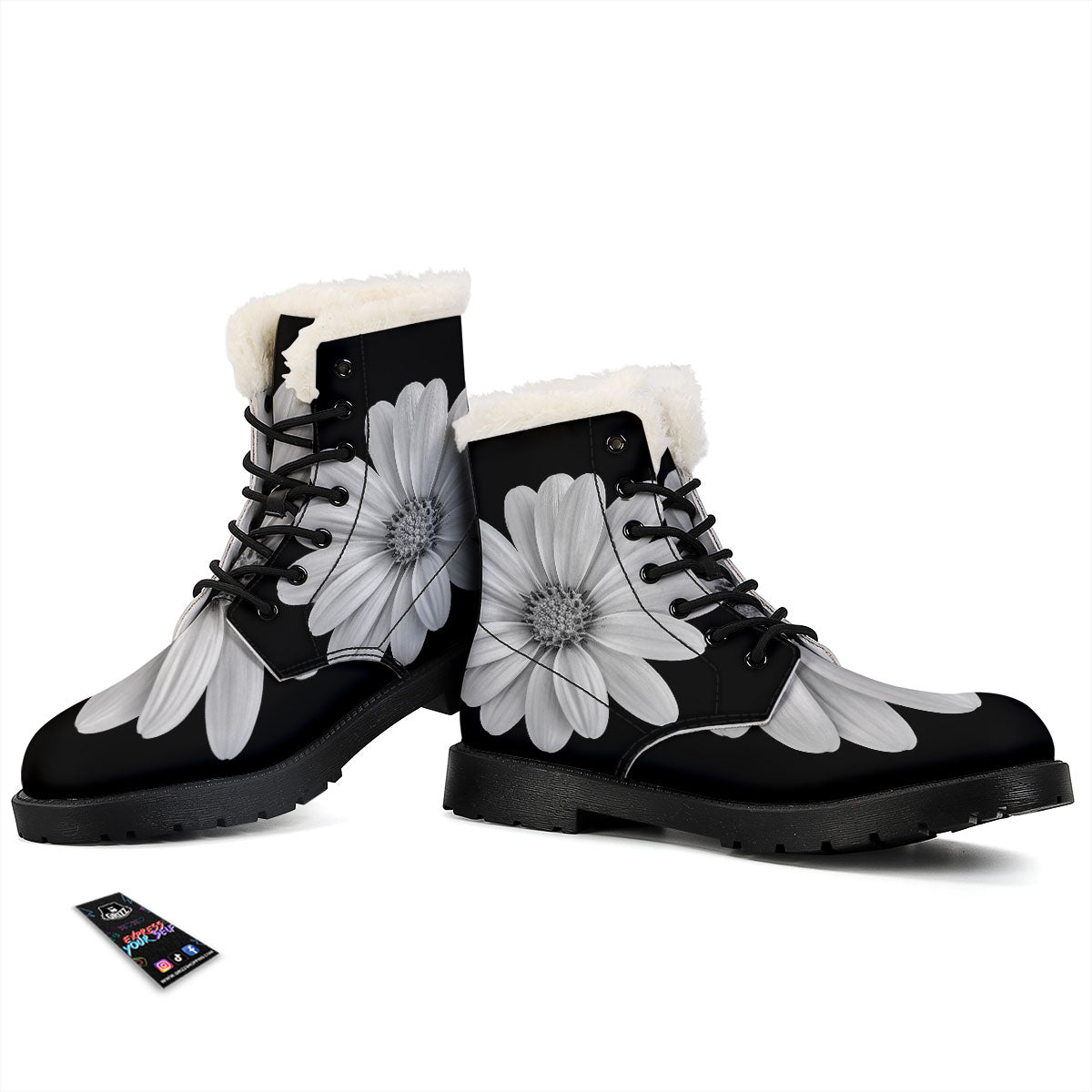 Daisy Flower Monochrome Print Winter Boots-grizzshop