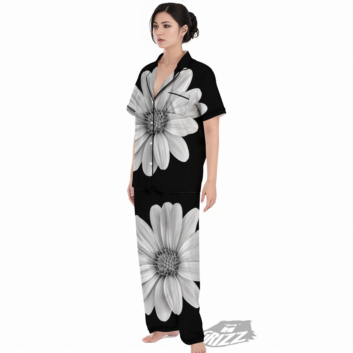Daisy Flower Monochrome Print Women's Pajamas Set-grizzshop