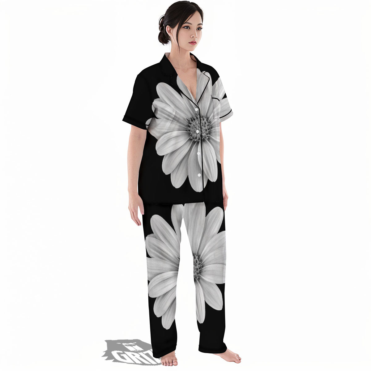 Daisy Flower Monochrome Print Women's Pajamas Set-grizzshop