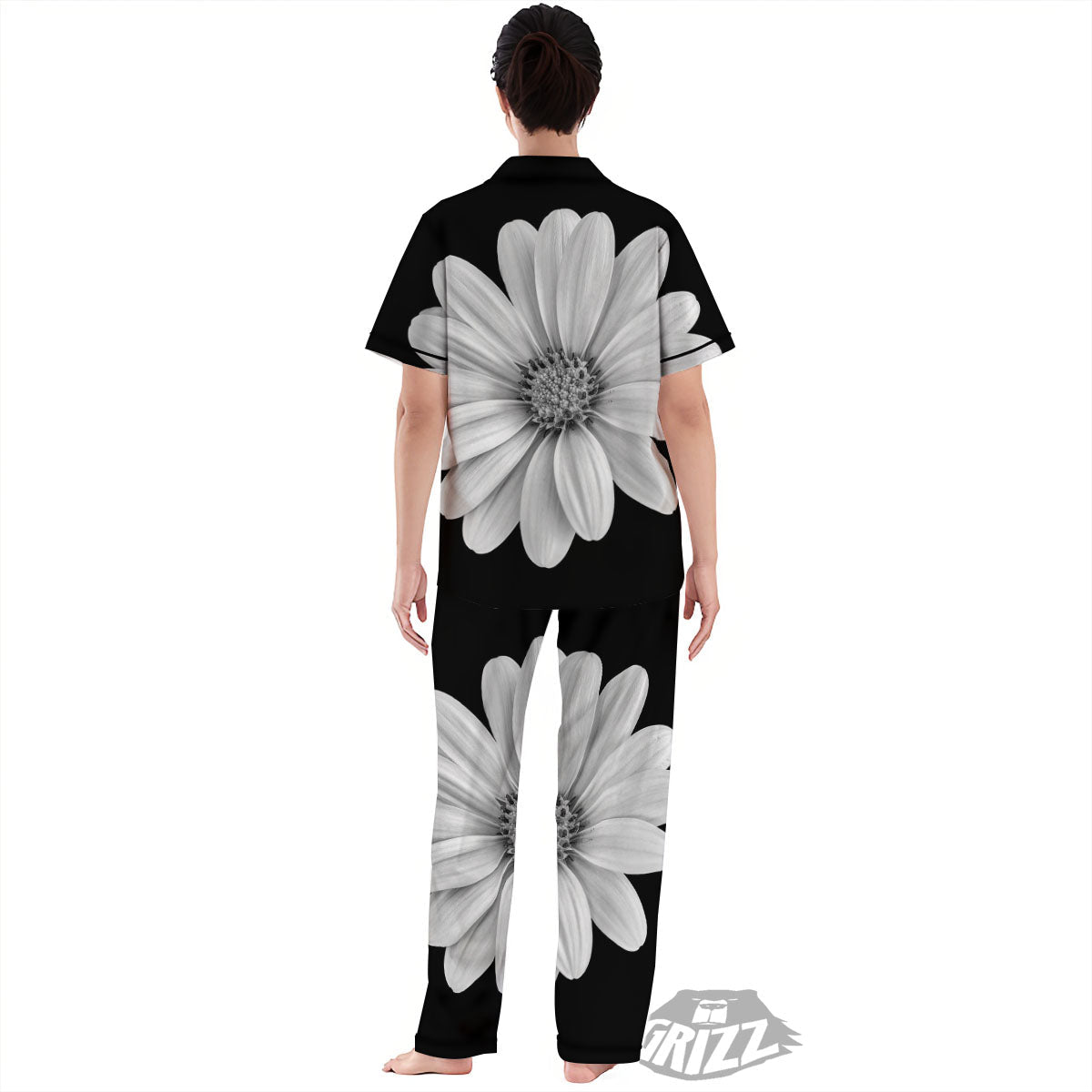 Daisy Flower Monochrome Print Women's Pajamas Set-grizzshop