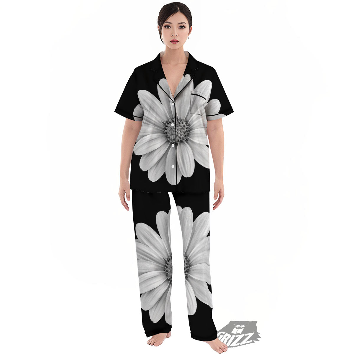 Daisy Flower Monochrome Print Women's Pajamas Set-grizzshop