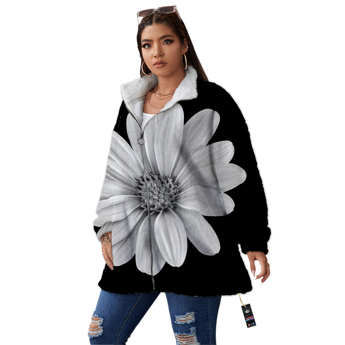 Daisy Flower Monochrome Print Women's Sherpa Jacket-grizzshop