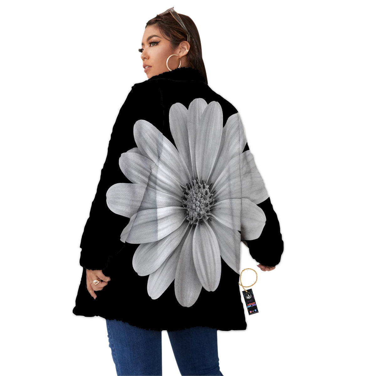 Daisy Flower Monochrome Print Women's Sherpa Jacket-grizzshop