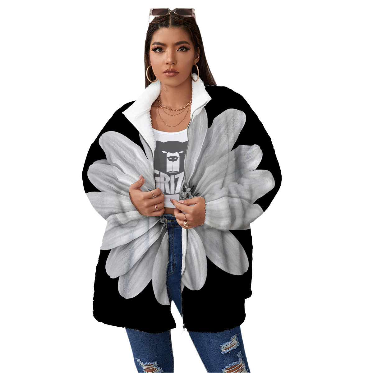 Daisy Flower Monochrome Print Women's Sherpa Jacket-grizzshop