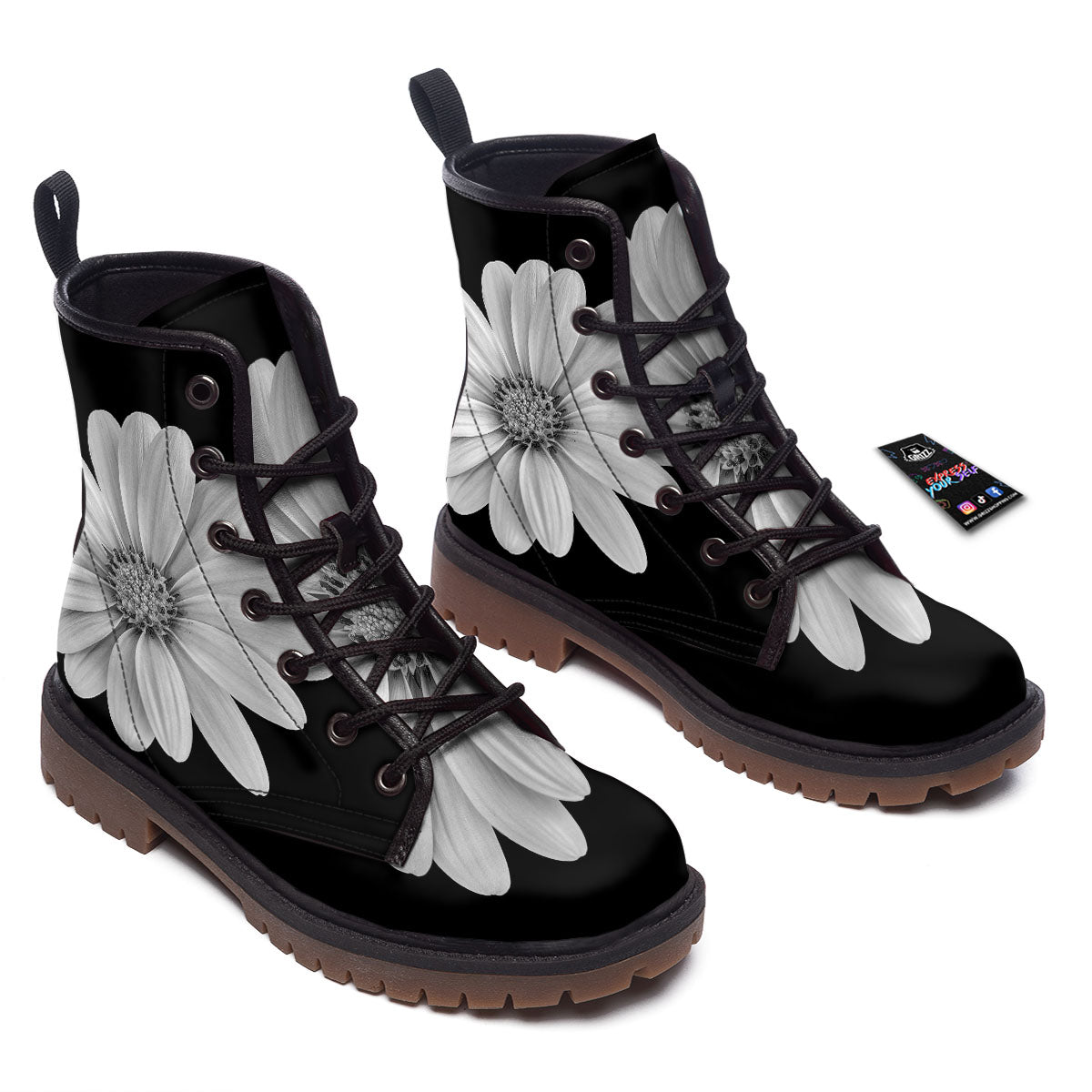 Daisy Flower Monochrome Print Work Boots-grizzshop