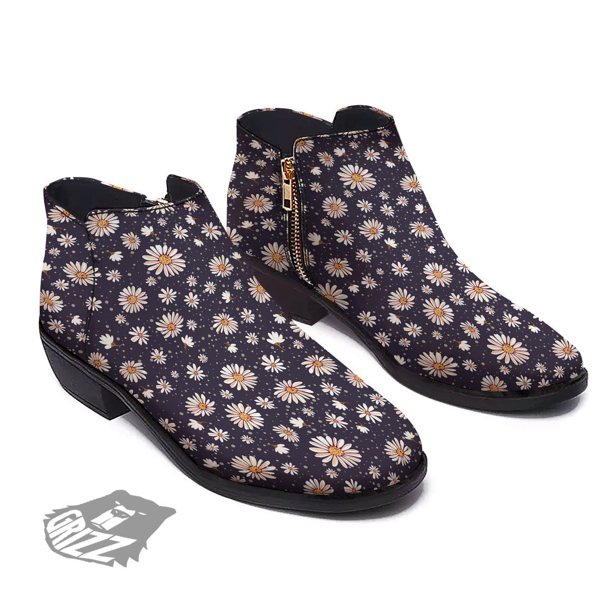 Daisy Flower Polka Dot Print Pattern Ankle Boots-grizzshop