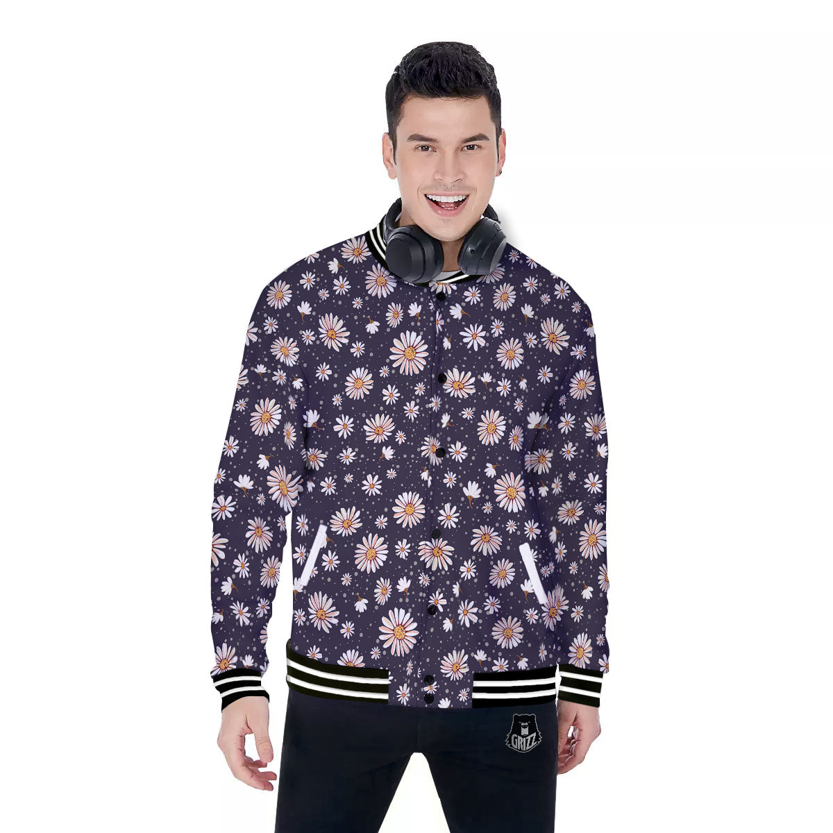 Daisy Flower Polka Dot Print Pattern Baseball Jacket-grizzshop