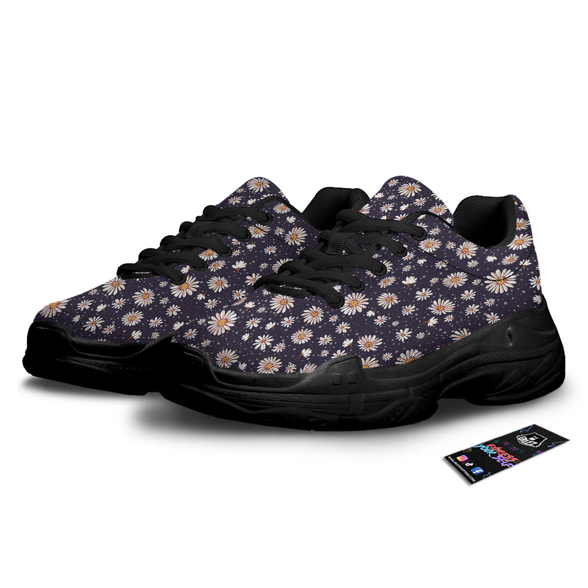 Daisy Flower Polka Dot Print Pattern Black Chunky Shoes-grizzshop