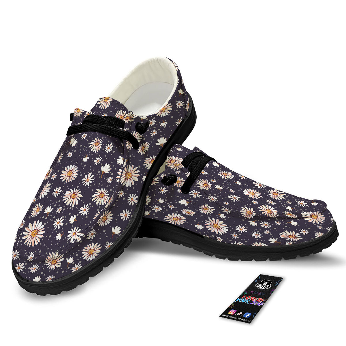 Daisy Flower Polka Dot Print Pattern Black Loafers-grizzshop