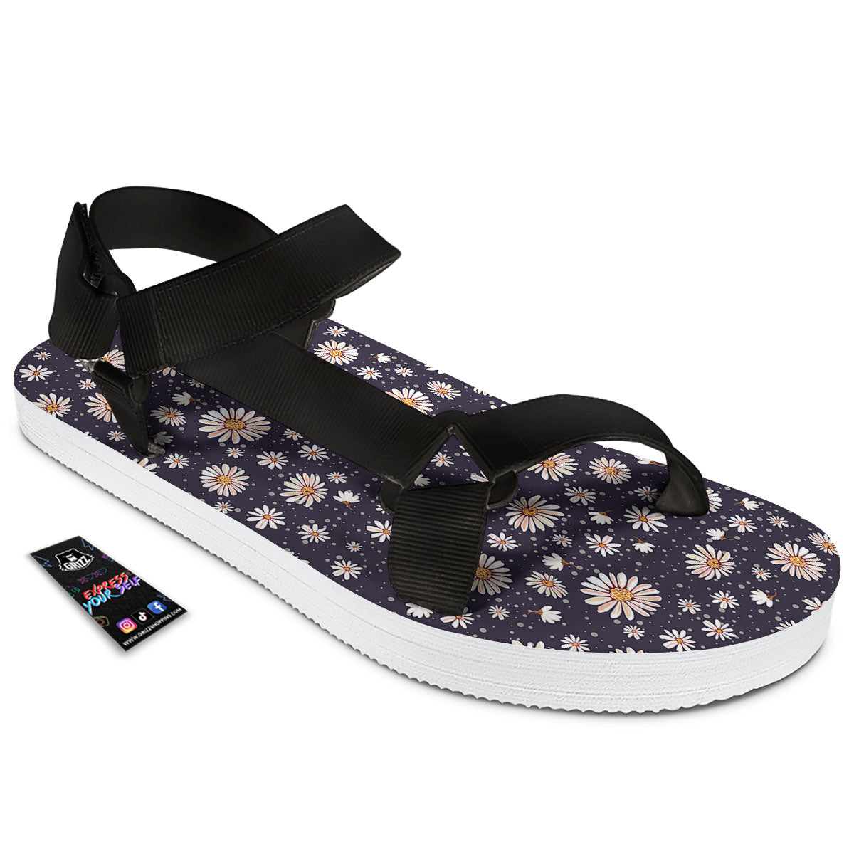 Daisy Flower Polka Dot Print Pattern Black Open Toe Sandals-grizzshop
