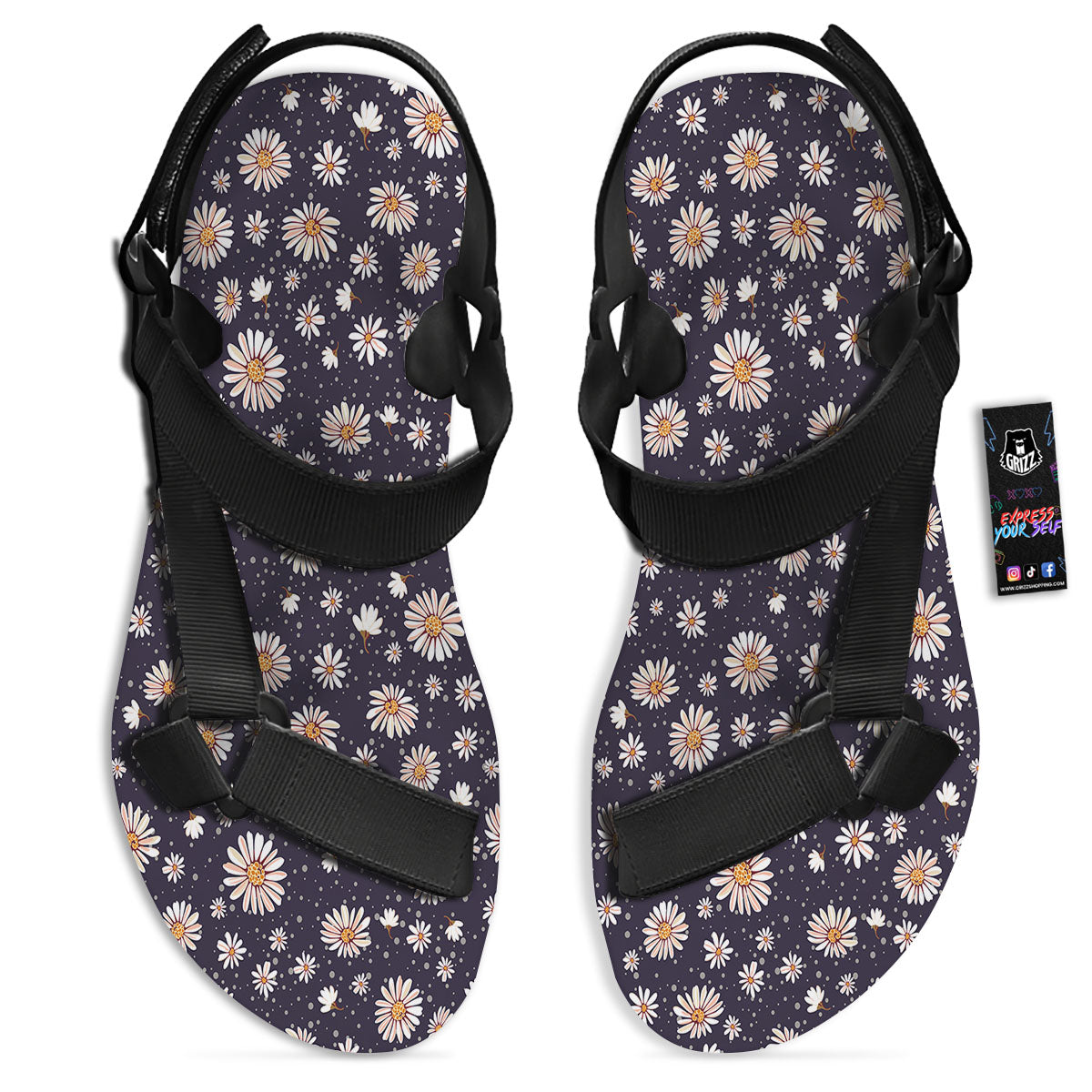 Daisy Flower Polka Dot Print Pattern Black Open Toe Sandals-grizzshop