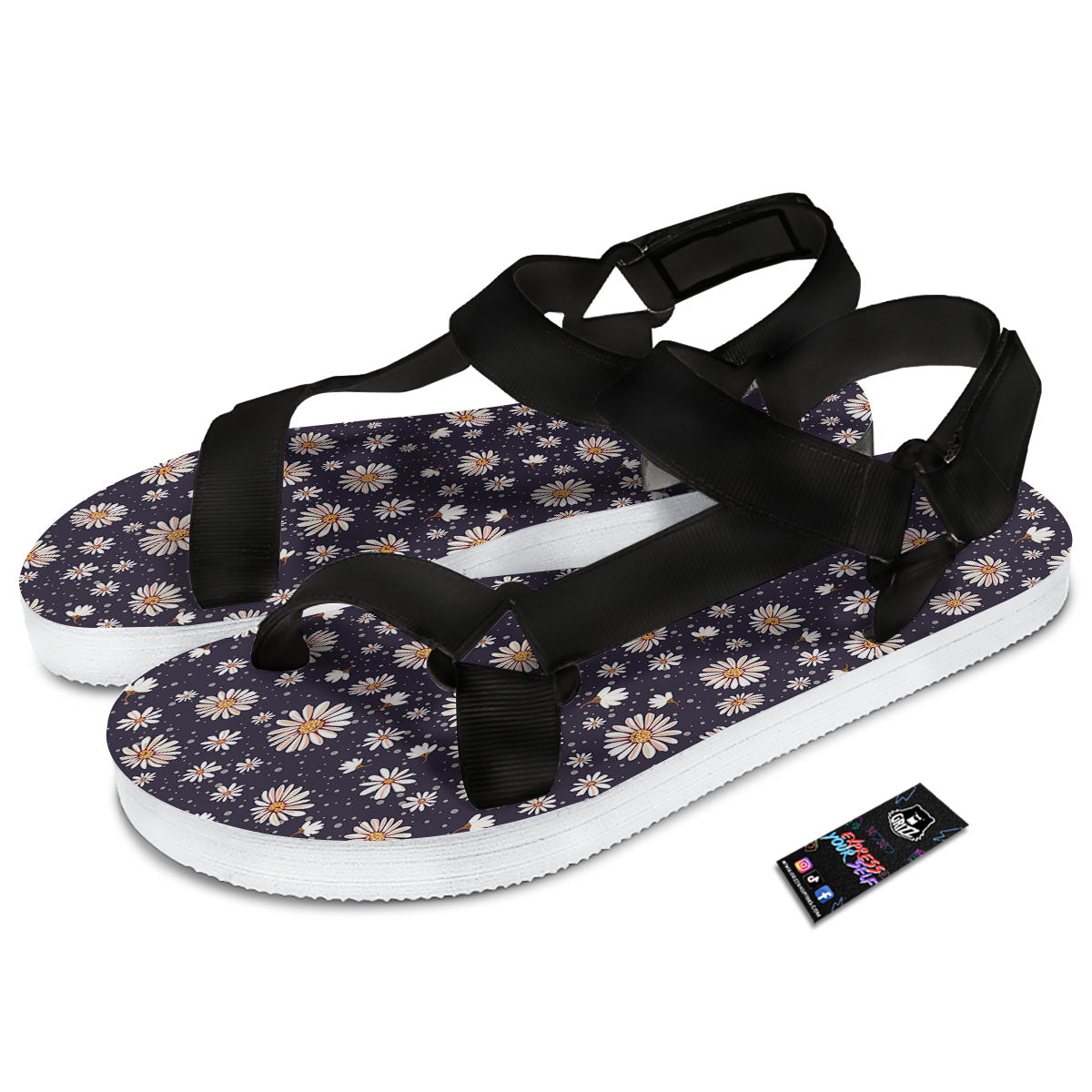 Daisy Flower Polka Dot Print Pattern Black Open Toe Sandals-grizzshop